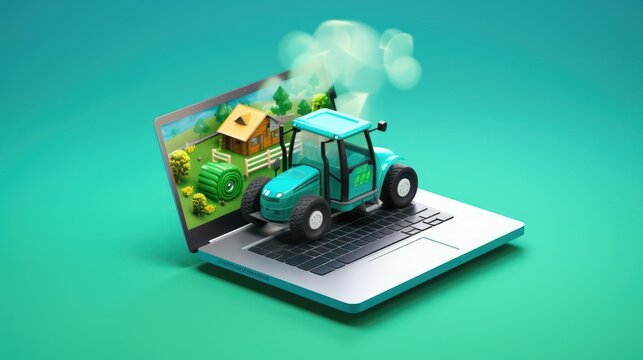 A Vector image of 3D illustration of tractor, smart farming concept on laptop advertising online farm management. Online farming control technology.