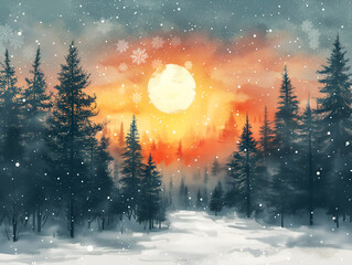 Naklejka premium winter landscape with pine trees, watercolor style