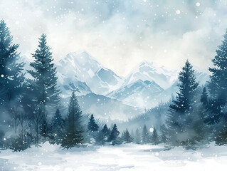 Fototapeta na wymiar winter landscape with pine trees, watercolor style
