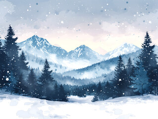 Fototapeta premium winter landscape with pine trees, watercolor style