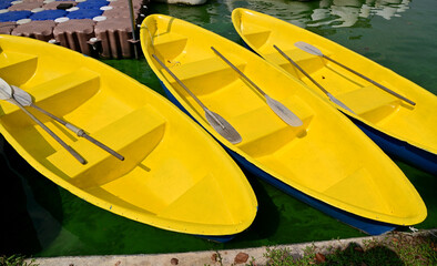 Closeup of Yellow rowing boats arranged for service in a pond at a public park, Suan Lung Rama IX,...