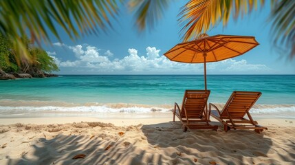 Deckchairs With Parasol With Leaves Palm In Tropical Beach With Sunny Sand And Ocean. Generative AI.