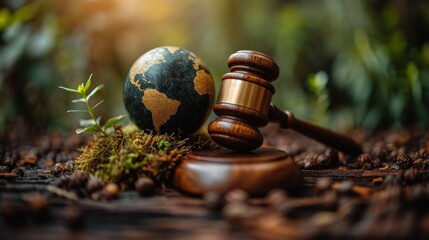 Gavel and green eco Earth globe, international law and green energy concept. Generative AI. - obrazy, fototapety, plakaty