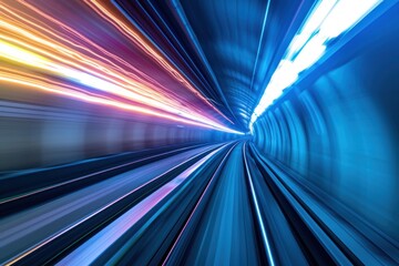 Abstract long exposure dynamic speed light trails in a tunnel. Generative AI.