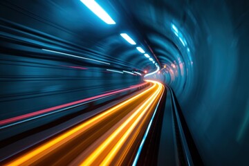 Abstract long exposure dynamic speed light trails in a tunnel. Generative AI. - obrazy, fototapety, plakaty