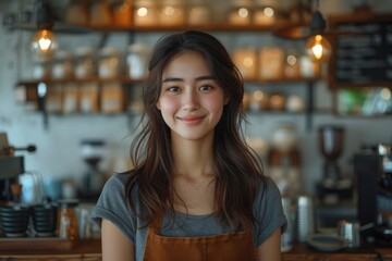 Asian teen women owner, the coffee shop is open in a simple. Generative AI.