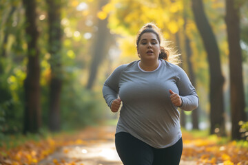 Fat woman running to lose weight in the park.	 - obrazy, fototapety, plakaty