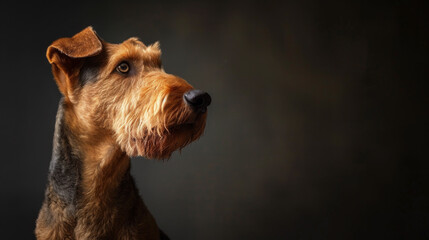 A studio portrait of a pedigree Airedale Terrier. Room for copy.