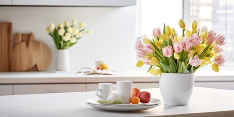 Modern white kitchen with Latin breakfast and floral vase on table.