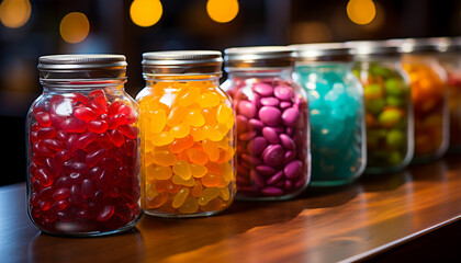 A colorful jar of sweet fruit candy on a table generated by AI