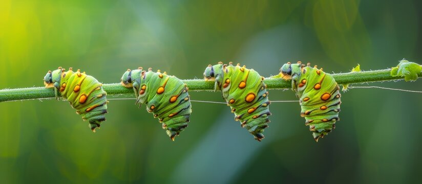 Square cropped image of Tailed Jay butterfly pupae suspended on thread