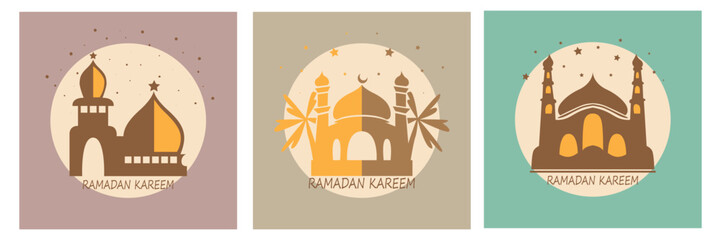 Vector collection of oriental style Islamic mosques with modern boho design, moon, mosque domes and lanterns.Ramadan kareem - obrazy, fototapety, plakaty