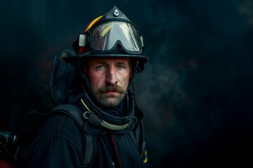 Fototapeta premium Portrait of a Firefighter with Reflective Visor Against Smoke. Generative AI.