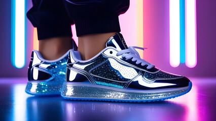 Female legs in halo sneakers on a neon background.