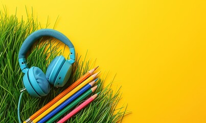 Headphones, multicolor led pencils on yellow background. Most Beautiful desktop wallpaper