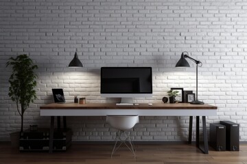 Widescreen display mockup that is empty. White brick walls and a desk made of dark wood define the...