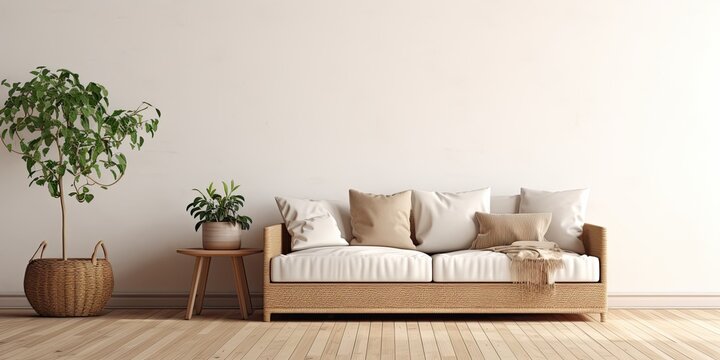 Couch and basket in a living room space.