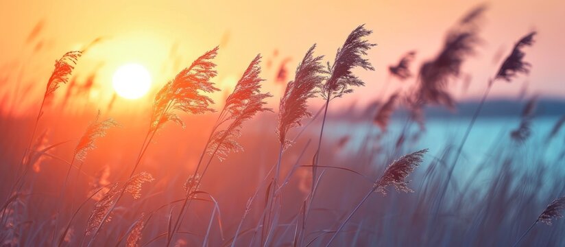 Reeds swaying in the breeze during dusk.