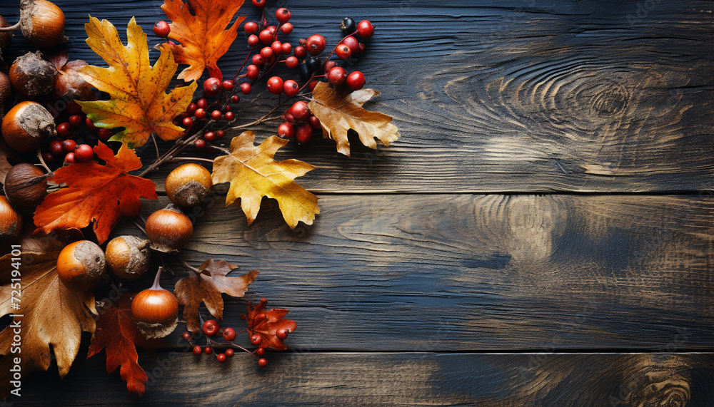 Sticker Autumn leaf on wooden table, nature rustic decoration generated by AI