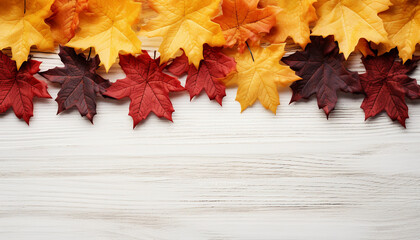 Autumn wood table, vibrant colors, maple leaf decoration, organic beauty generated by AI