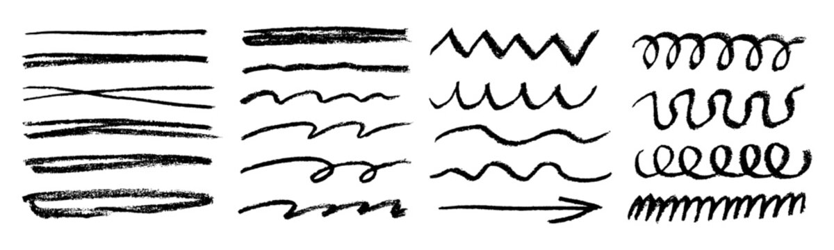 Charcoal strokes. Set of black hand drawn brush lines different forms on white background. Rough charcoal strokes and lines. Hand drawn brush elements for notes, highlighting and underlining in text.