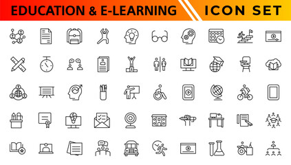 Fototapeta na wymiar Education and E-learning icon set. Online education icon set. Thin line icons set. Distance learning. Containing video tuition, e-learning, online course, audio course, educational website