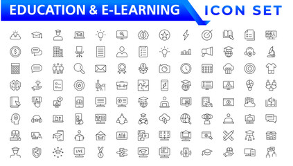 Education and E-learning icon set. Online education icon set. Thin line icons set. Distance learning. Containing video tuition, e-learning, online course, audio course, educational website