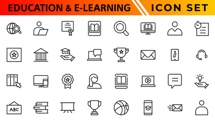 Education and E-learning icon set. Online education icon set. Thin line icons set. Distance learning. Containing video tuition, e-learning, online course, audio course, educational website