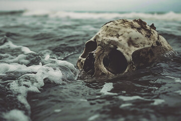 Skull of a human in the water with waves on the background