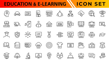 Education and E-learning icon set. Online education icon set. Thin line icons set. Distance learning. Containing video tuition, e-learning, online course, audio course, educational website - obrazy, fototapety, plakaty