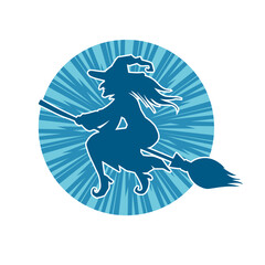 Silhouette of a female witch ride broom