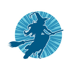 Silhouette of a female witch ride broom