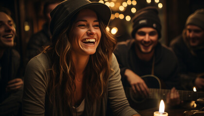 Smiling young adults enjoy cheerful nightlife together generated by AI