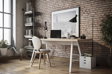 inside of a home office. Wooden floor, a brick wall