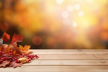 Naklejka na ściany i meble Table mockup with autumn background. Generative AI