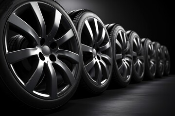 wheels with tires isolated on black background - obrazy, fototapety, plakaty