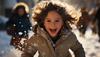 Smiling girl enjoys winter, playing in the snow generated by AI