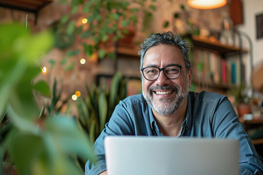 Middle aged Hispanic man using laptop in cafe, having online training