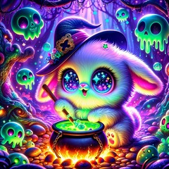 Cute baby rabbit casting a magic spell over a boiling pot of green slime