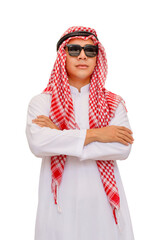 Portrait of Arab businessman standing with arms crossed isolated on the background, Muslim man in sunglasses standing with arms crossed
