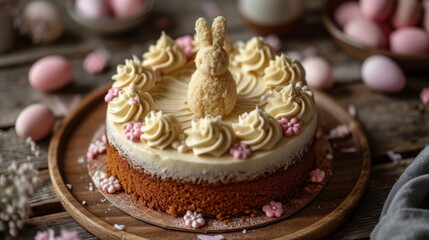 Obraz na płótnie Canvas Elegant Easter Cake with White Bunny Topper and Floral Decor