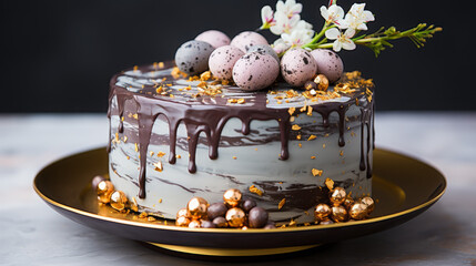 Elegant Chocolate Drip Cake with Easter Egg Ornaments and Gold Details on Stand