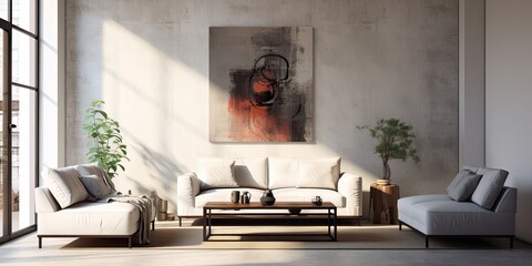 Minimalist living room adorned with artworks.