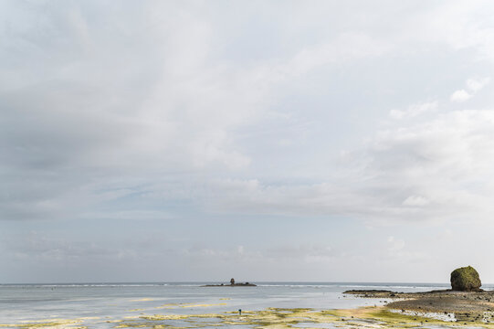 Indonesian fisherman collecting mollusks on the  reef at low tide, Lombok, Indonesia