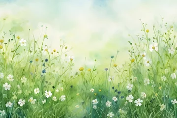 Stof per meter Watercolor wild meadow with flowers and grass landscape background hand-painted illustration wallpaper © khanh my