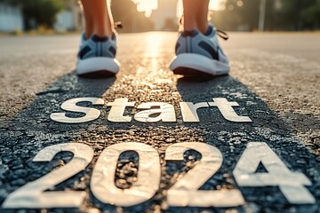 A running or walking track with letters marked "Start 2024". Training track with text "Start 2024". Starting the year off on the right foot. Happy New Year.
