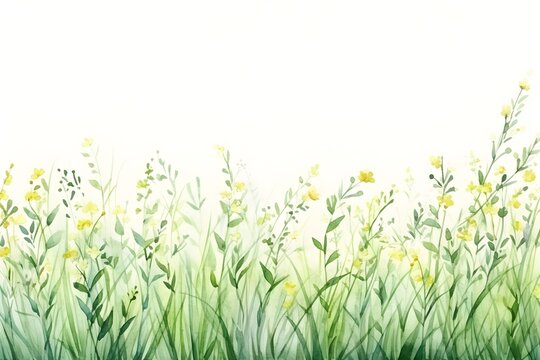 Watercolor meadow border background with wildflowers and green grass for template wallpaper design