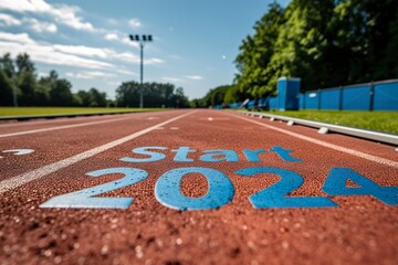 A running or walking track with letters marked "Start 2024". Training track with text "Start 2024". Starting the year off on the right foot. Happy New Year.