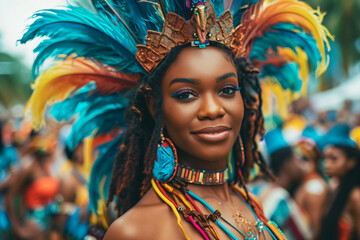 Beautiful Brazilian woman wearing colorful Carnival costume. Samba carnival dancer in feathers...