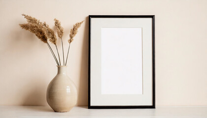 Empty horizontal frame mockup in a chic minimalist interior with a stylish vase on a beige wall, embodying modern elegance and design versatility